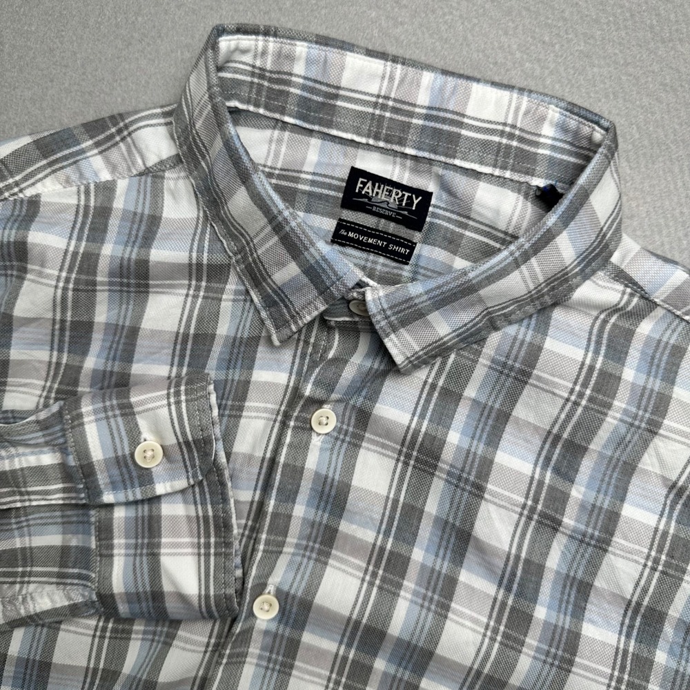 Faherty The Movement Shirt Mens Large Gray Blue White Plaid Button Down Stretch